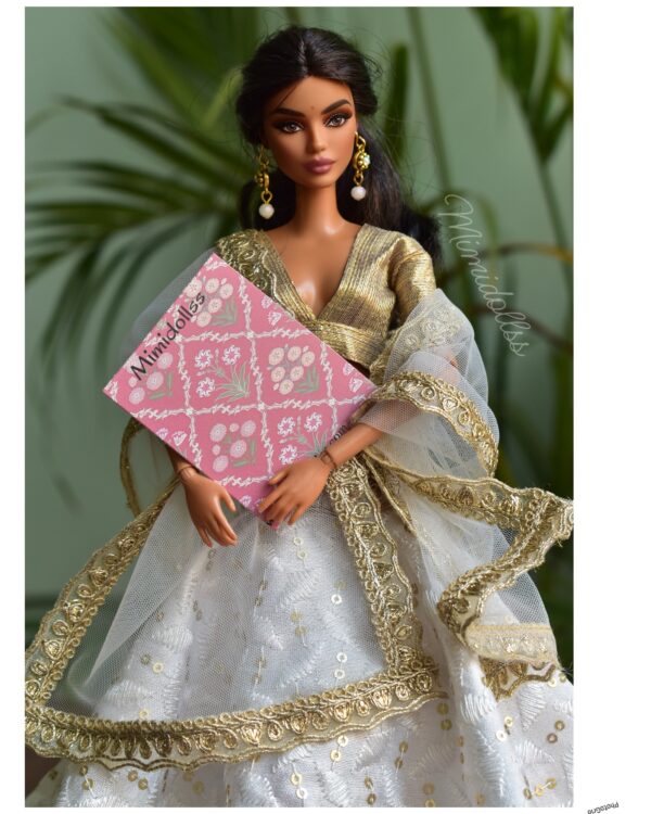 Embroidered white and gold lehenga for Barbie doll