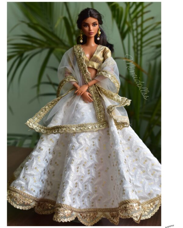 Embroidered white and gold lehenga for Barbie doll