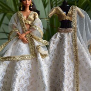Embroidered white and gold lehenga for Barbie doll