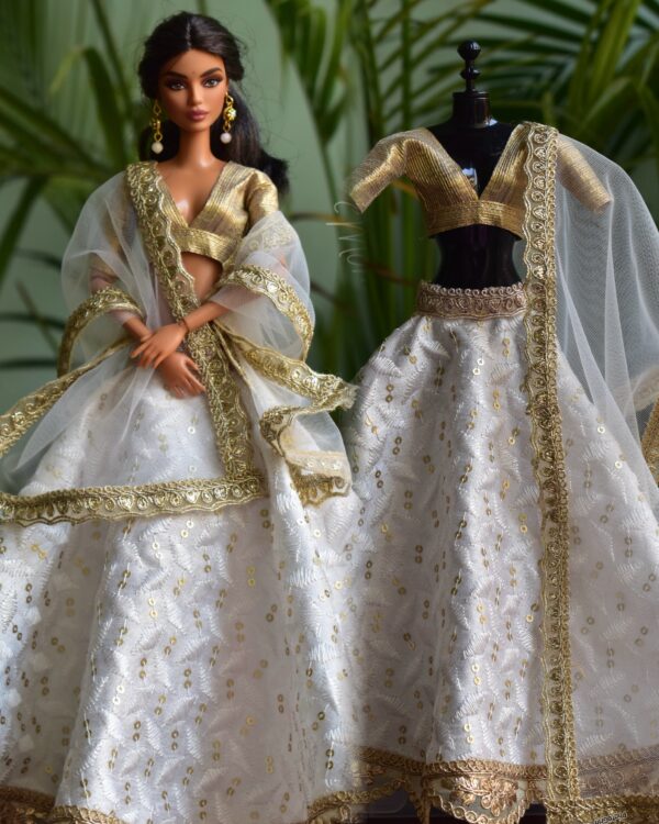 Embroidered white and gold lehenga for Barbie doll