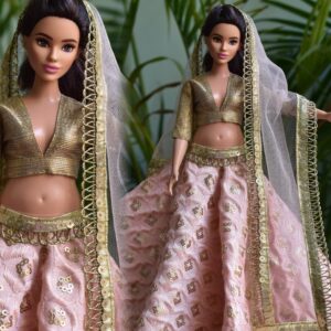 Embroidered peach and gold lehenga for curvy Barbie doll