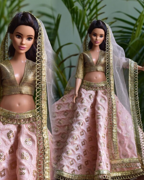 Embroidered peach and gold lehenga for curvy Barbie doll