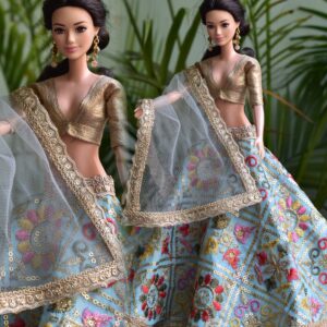 Embroidered blue lehenga for Barbie doll