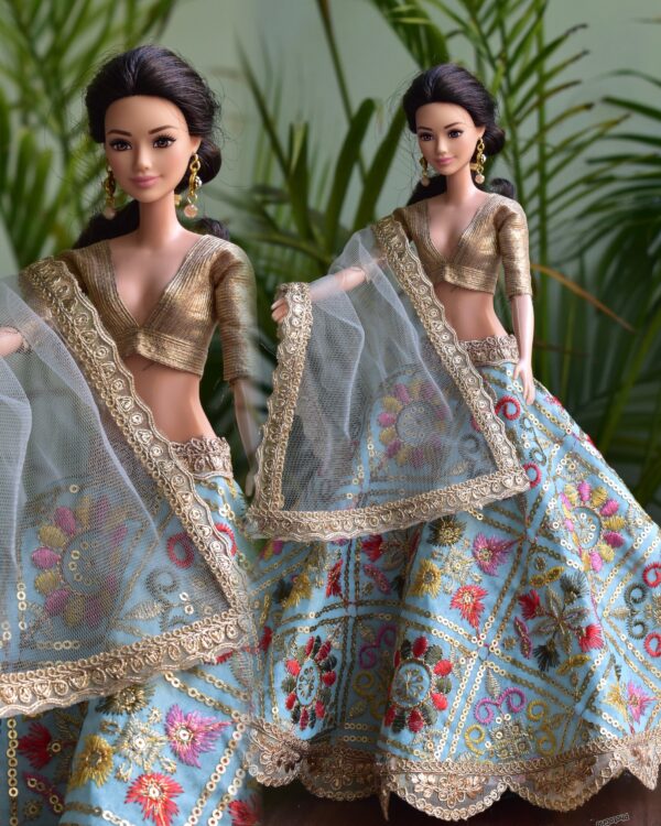 Embroidered blue lehenga for Barbie doll