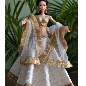 White and gold embroidered Kiran lehenga for Barbie doll
