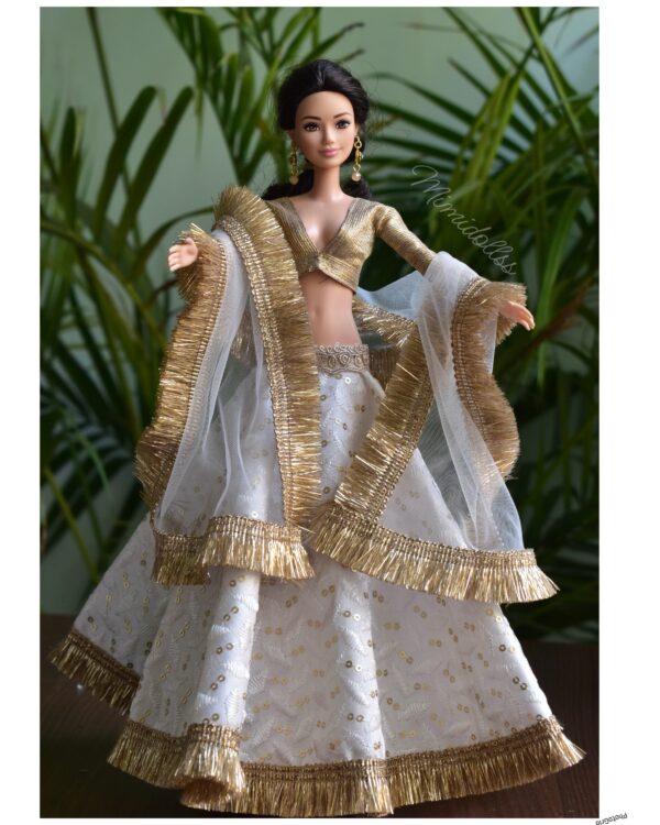 White and gold embroidered Kiran lehenga for Barbie doll