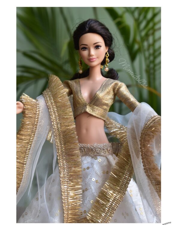 White and gold embroidered Kiran lehenga for Barbie doll