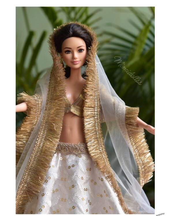 White and gold embroidered Kiran lehenga for Barbie doll
