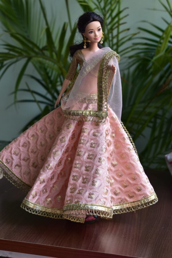 Embroidered peach and gold lehenga for Barbie doll