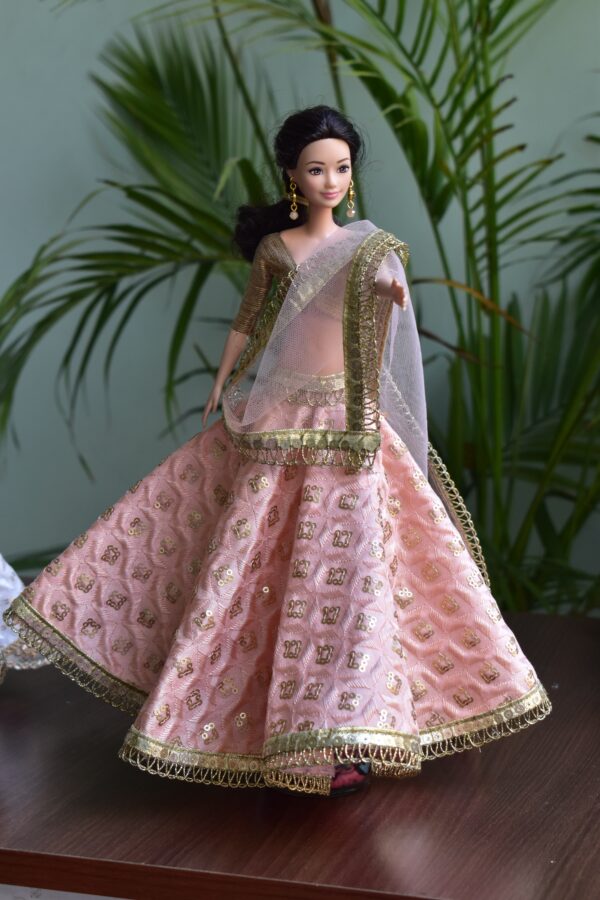 Embroidered peach and gold lehenga for Barbie doll