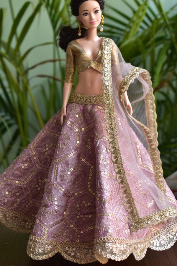 Embroidered lilac and gold lehenga for Barbie doll