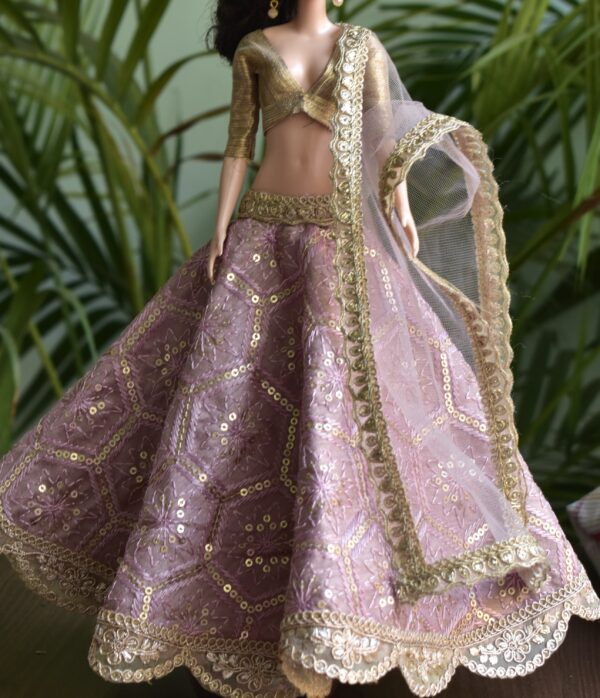 Embroidered lilac and gold lehenga for Barbie doll
