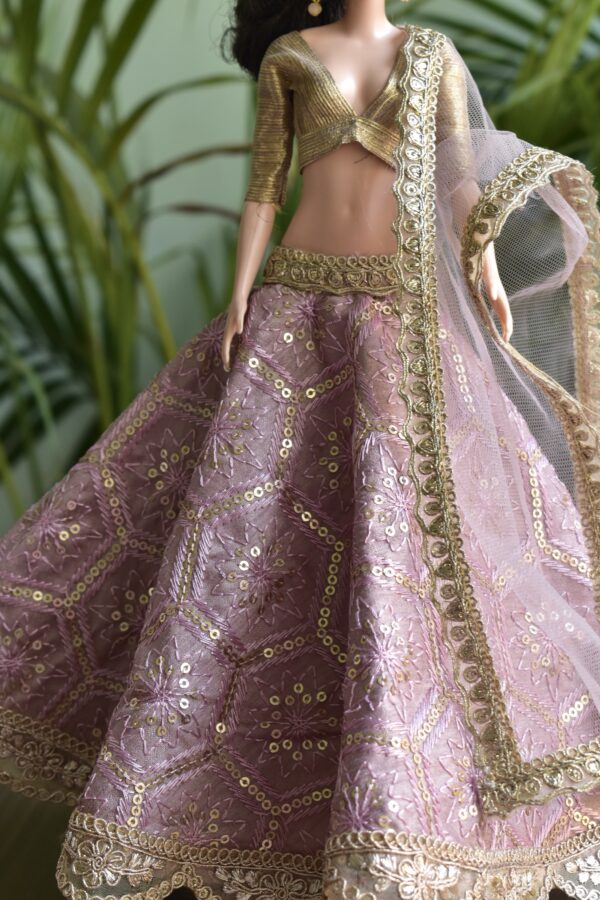 Embroidered lilac and gold lehenga for Barbie doll