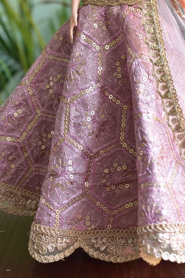Embroidered lilac and gold lehenga for Barbie doll