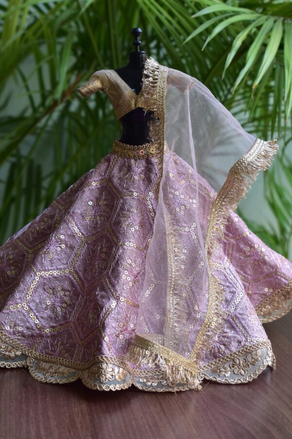 Embroidered lilac and gold lehenga for Barbie doll