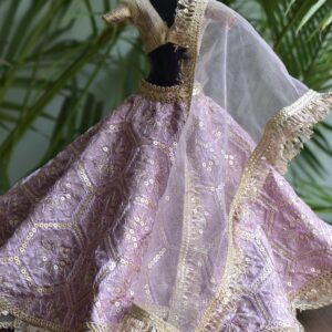 Embroidered lilac and gold lehenga for Barbie doll
