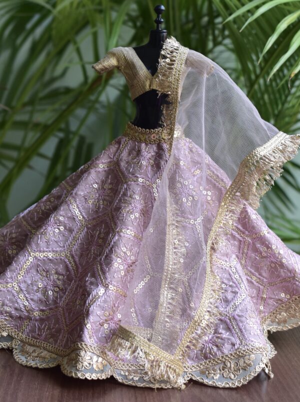 Embroidered lilac and gold lehenga for Barbie doll