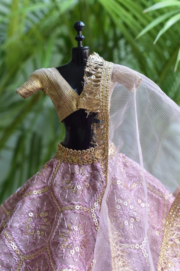 Embroidered lilac and gold lehenga for Barbie doll