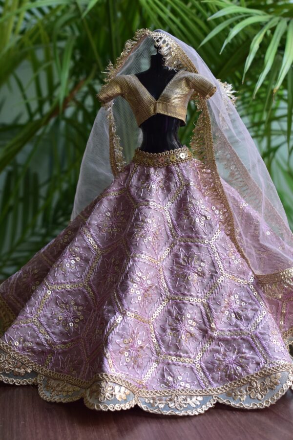 Embroidered lilac and gold lehenga for Barbie doll