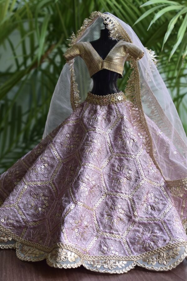 Embroidered lilac and gold lehenga for Barbie doll
