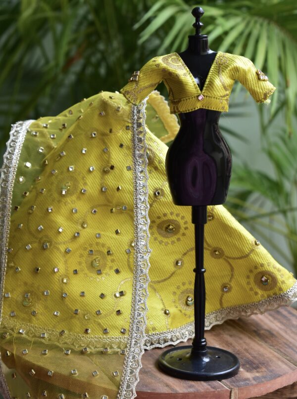 Embellished yellow gold bridal lehenga for Barbie doll
