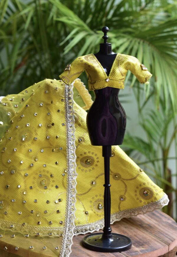 Embellished yellow gold bridal lehenga for Barbie doll