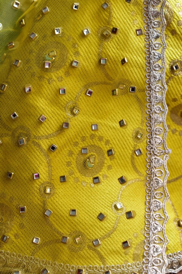 Embellished yellow gold bridal lehenga for Barbie doll