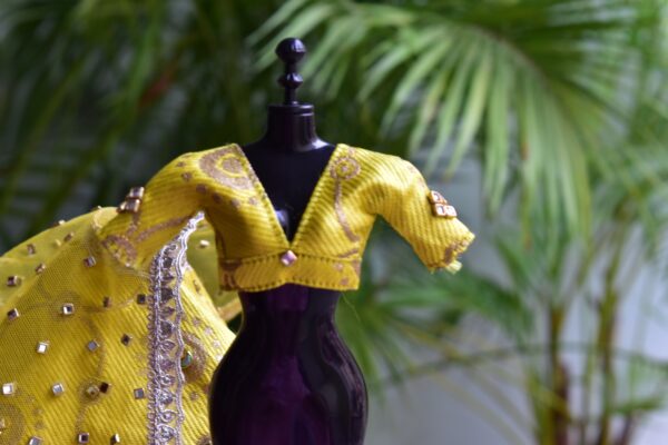 Embellished yellow gold bridal lehenga for Barbie doll