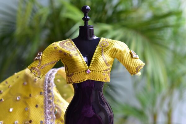 Embellished yellow gold bridal lehenga for Barbie doll