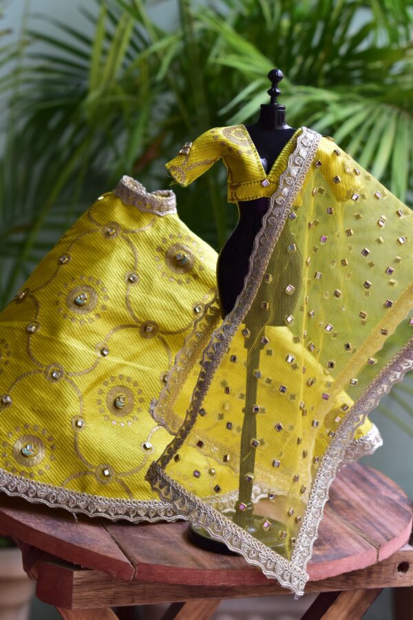 Embellished yellow gold bridal lehenga for Barbie doll