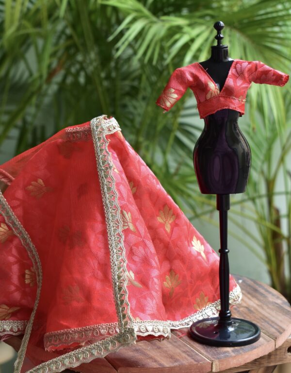 Red and gold festive lehenga for Barbie doll