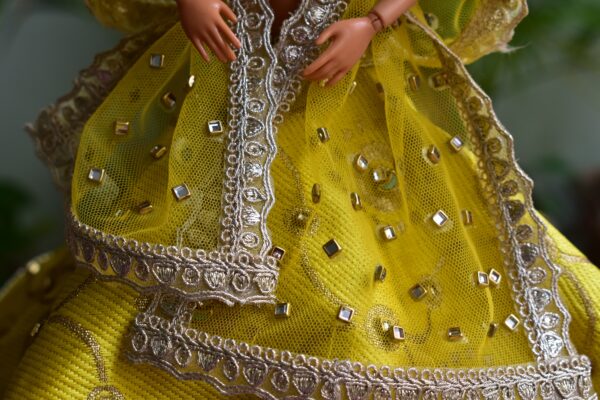 Embellished yellow gold bridal lehenga for Barbie doll