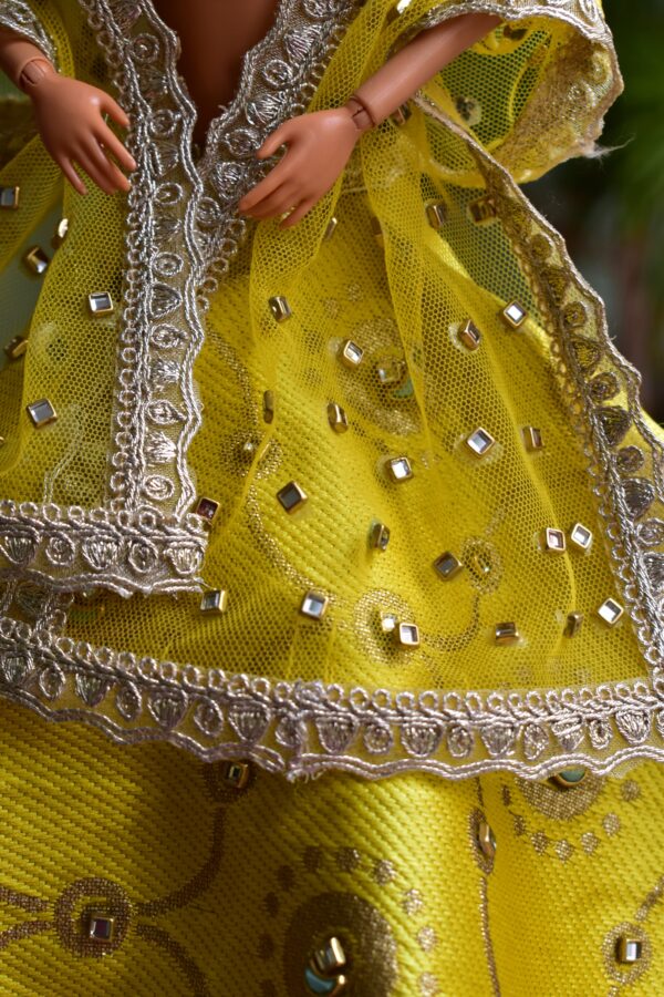 Embellished yellow gold bridal lehenga for Barbie doll