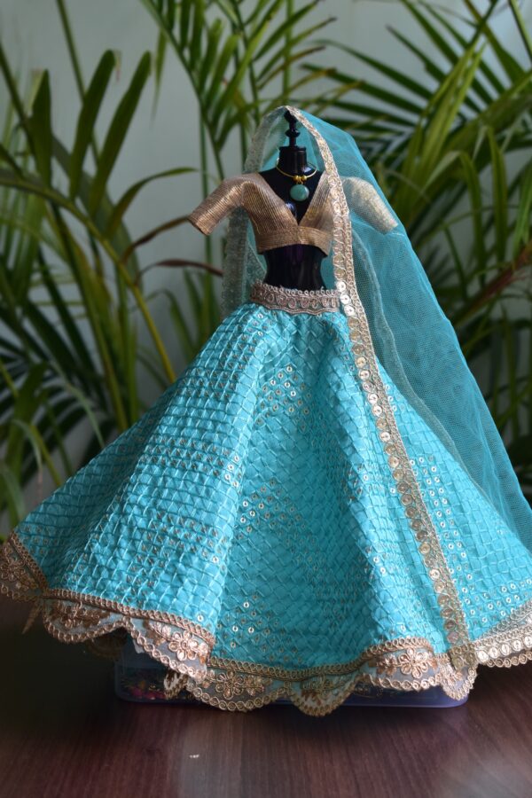Turquoise and gold embroidered lehenga for Barbie doll