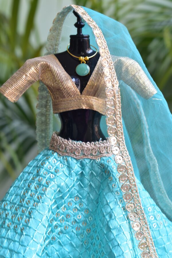 Turquoise and gold embroidered lehenga for Barbie doll
