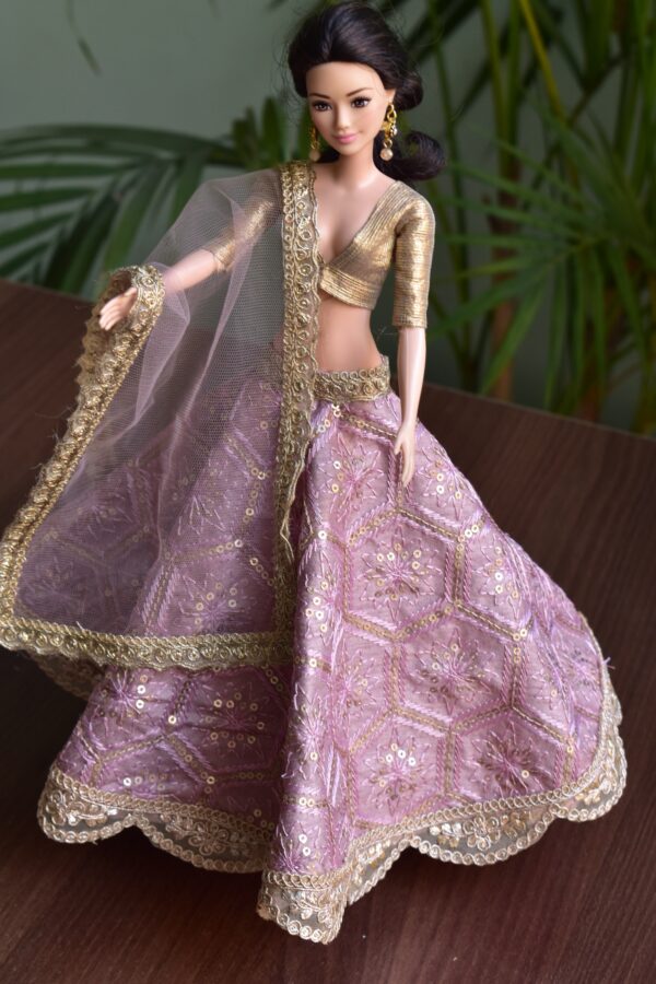 Embroidered lilac and gold lehenga for Barbie doll
