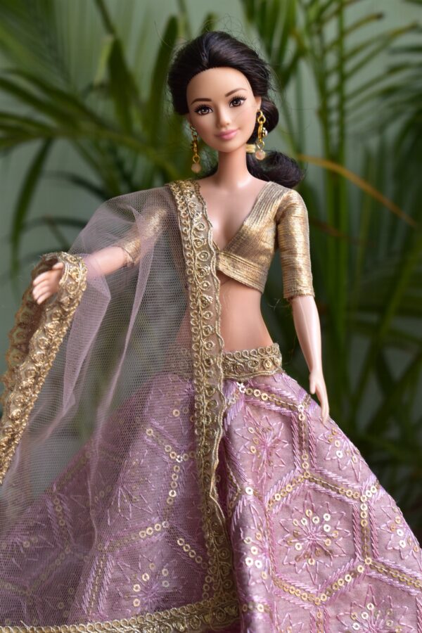 Embroidered lilac and gold lehenga for Barbie doll