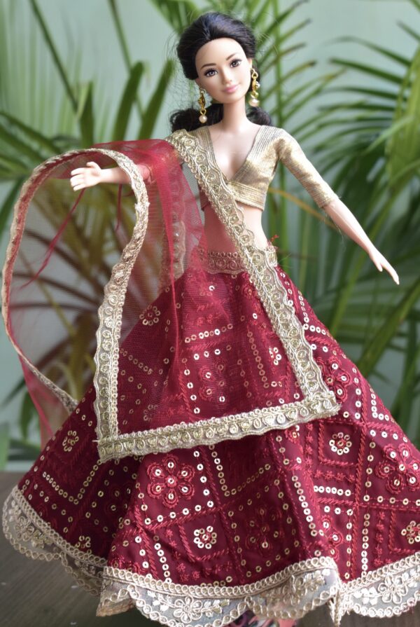 Embroidered maroon and gold lehenga for Barbie doll
