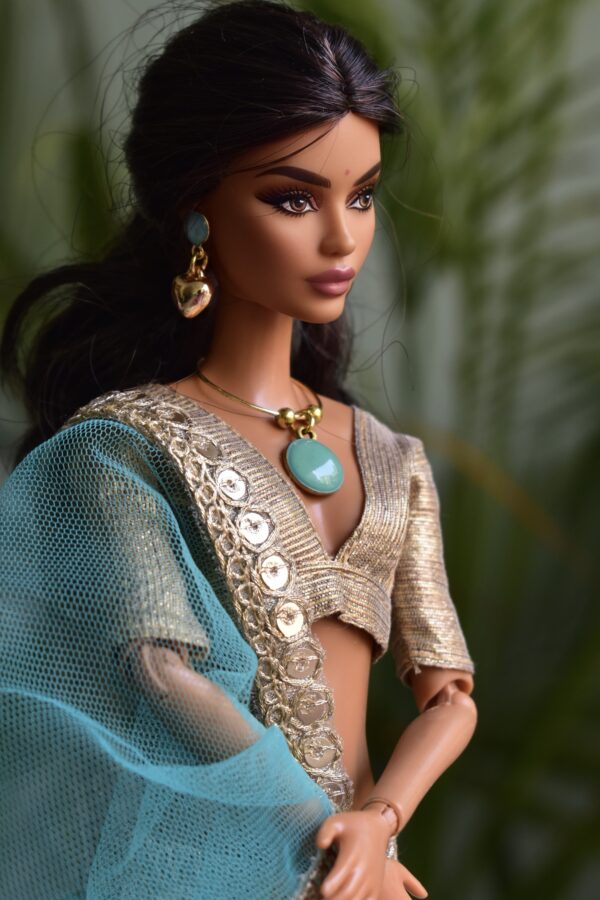 Turquoise and gold embroidered lehenga for Barbie doll