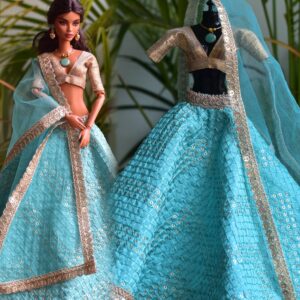 Turquoise and gold embroidered lehenga for Barbie doll