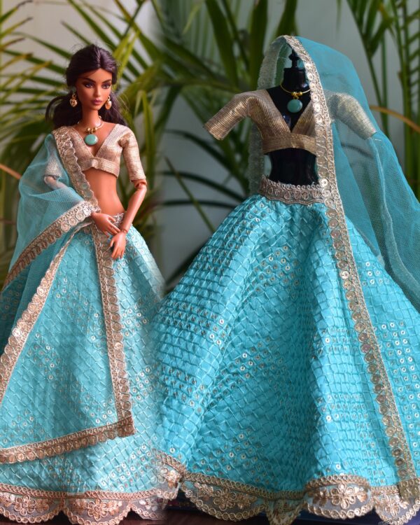 Turquoise and gold embroidered lehenga for Barbie doll