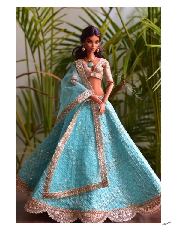 Turquoise and gold embroidered lehenga for Barbie doll