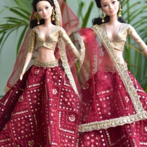 Embroidered maroon and gold lehenga for Barbie doll