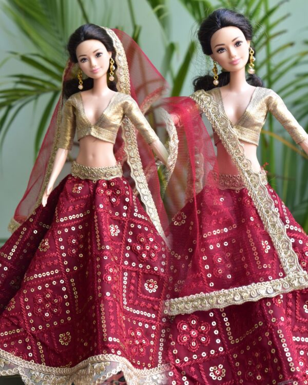 Embroidered maroon and gold lehenga for Barbie doll