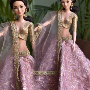 Embroidered lilac and gold lehenga for Barbie doll