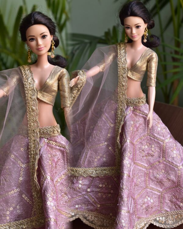 Embroidered lilac and gold lehenga for Barbie doll