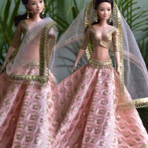 Embroidered peach and gold lehenga for Barbie doll