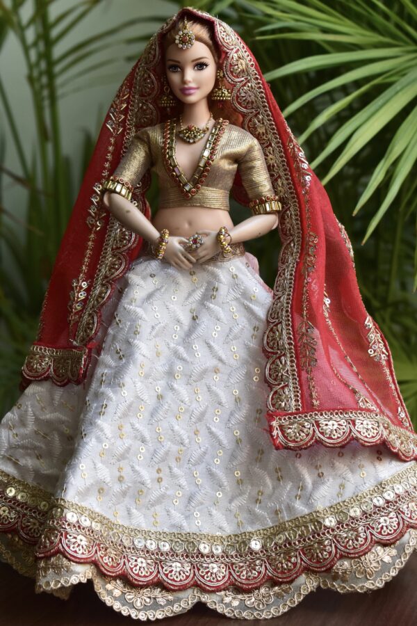 White and red Gujarati Indian bridal lehenga for curvy Barbie doll