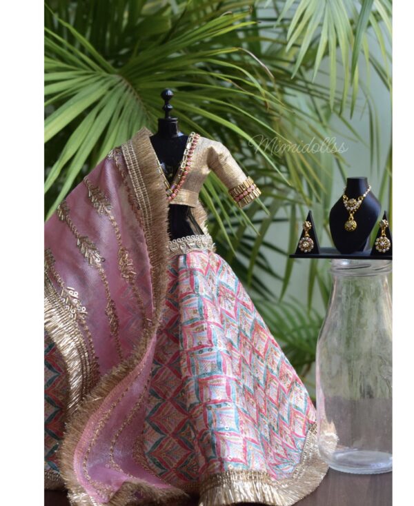 Embroidered bridal lehenga with accessories for curvy Barbie doll