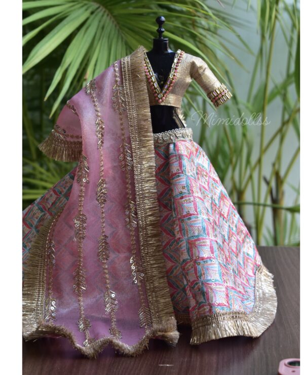 Embroidered bridal lehenga with accessories for curvy Barbie doll